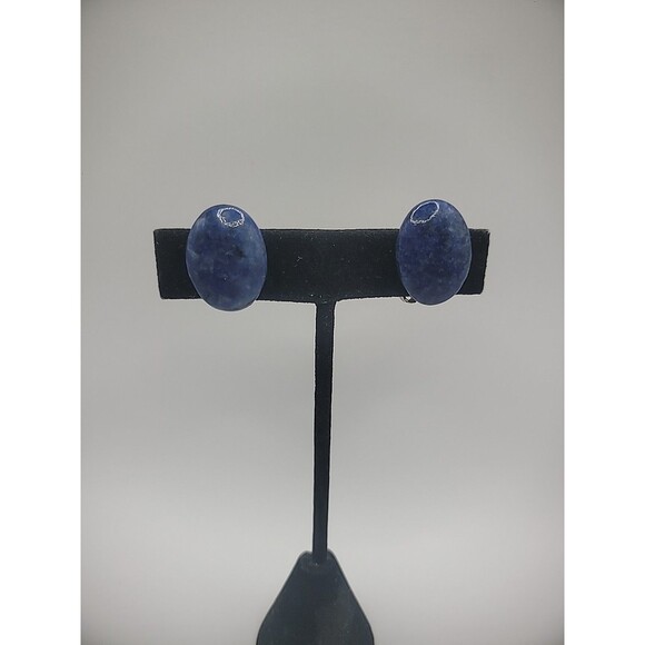 Vintage Earrings Clip On Sodalite Stone Gold Tone Jewelry Costume - Picture 4 of 13